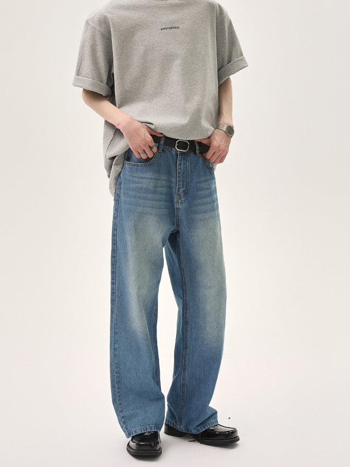 Wide-Leg Distressed Straight Jeans
