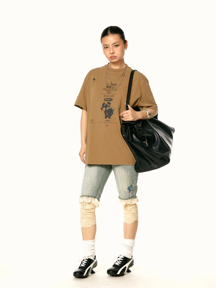 Retro Distressed Print Loose T-shirt