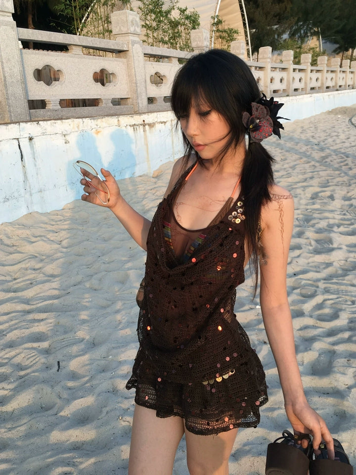 Vestido de Dois Peças com Decote Halter de Lantejoulas 