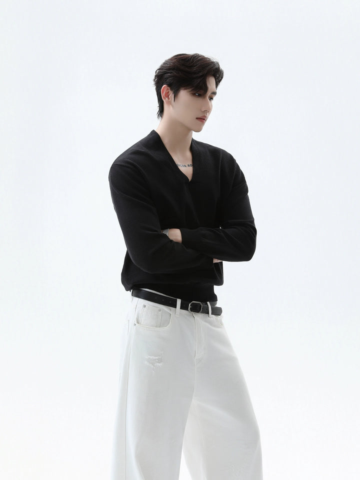 V-neck Long Sleeve Knit Pullover