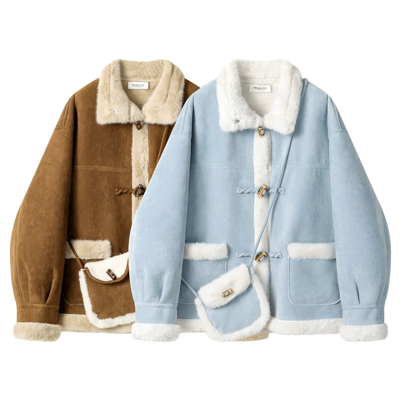 Abrigo de ante forrado de borreguillo con cierre de toggle y solapa 