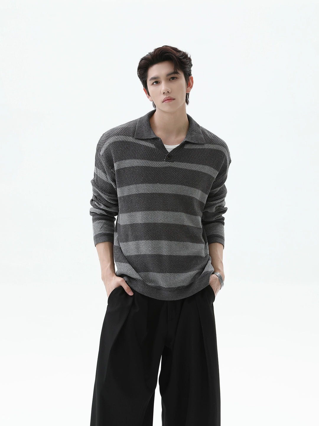 Lapel Striped Knit Polo Shirt