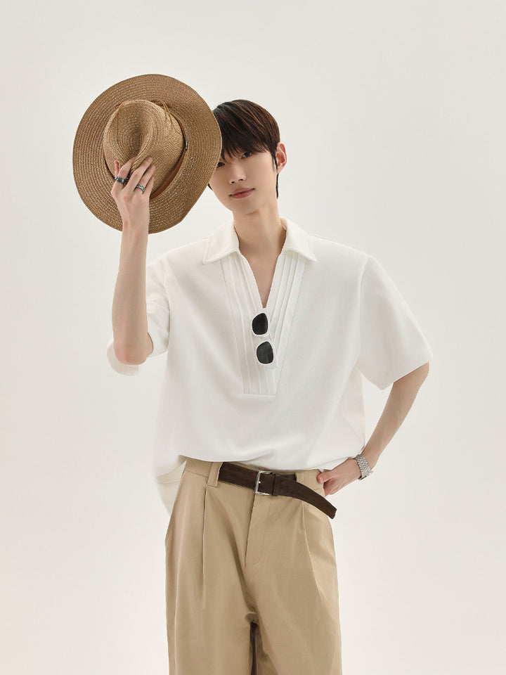 V-Neck Pleated Short-Sleeve Pullover