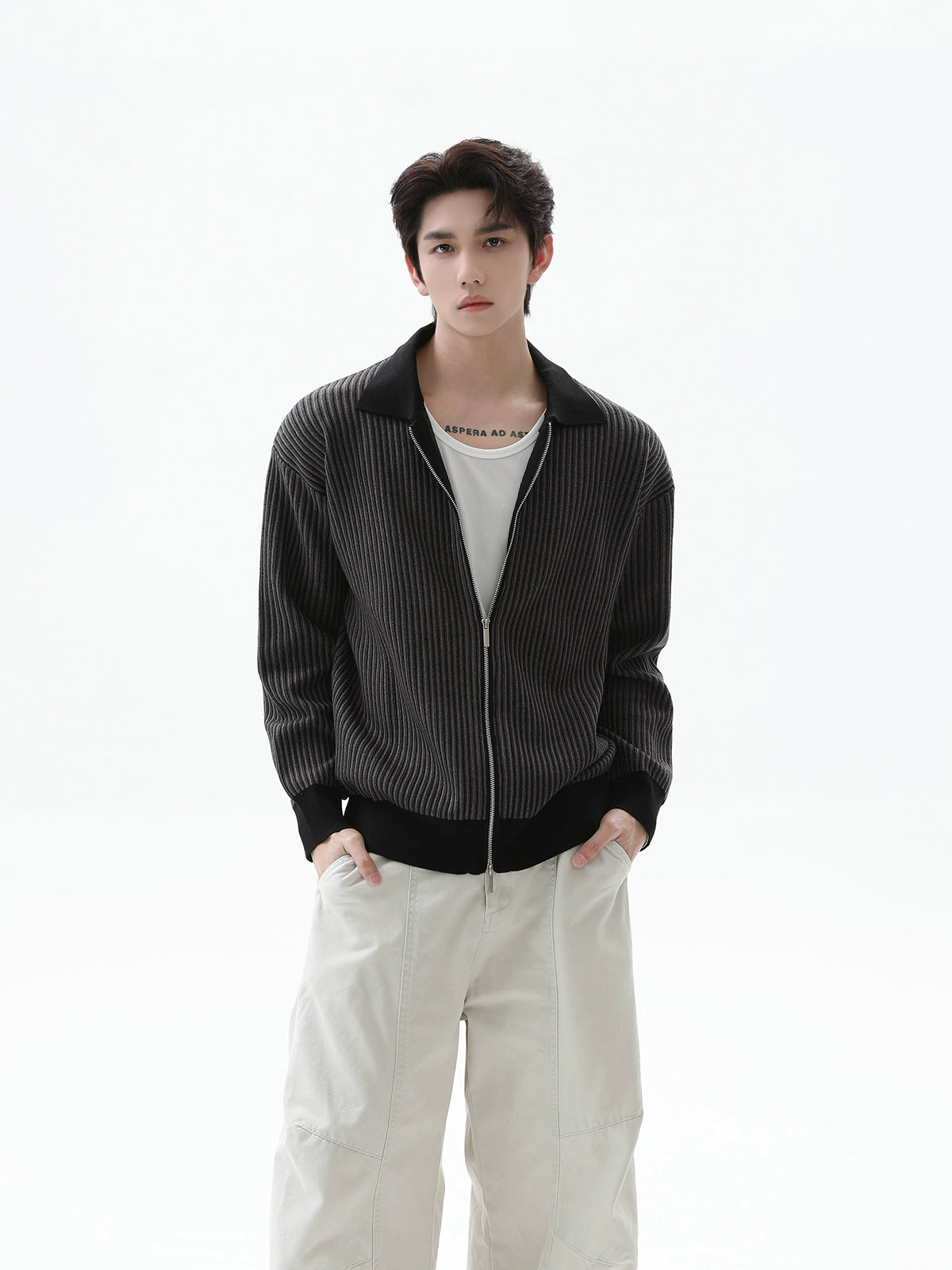 Çift Fermuarlı Çizgili Örgü Hırka 