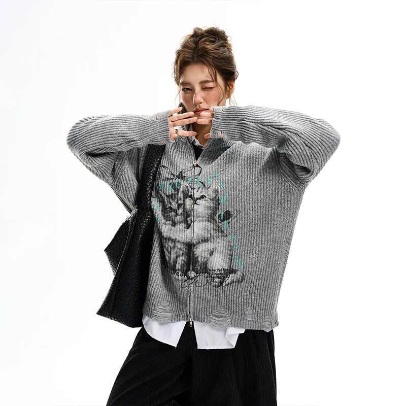 Cat Print Zip Up Knit Cardigan