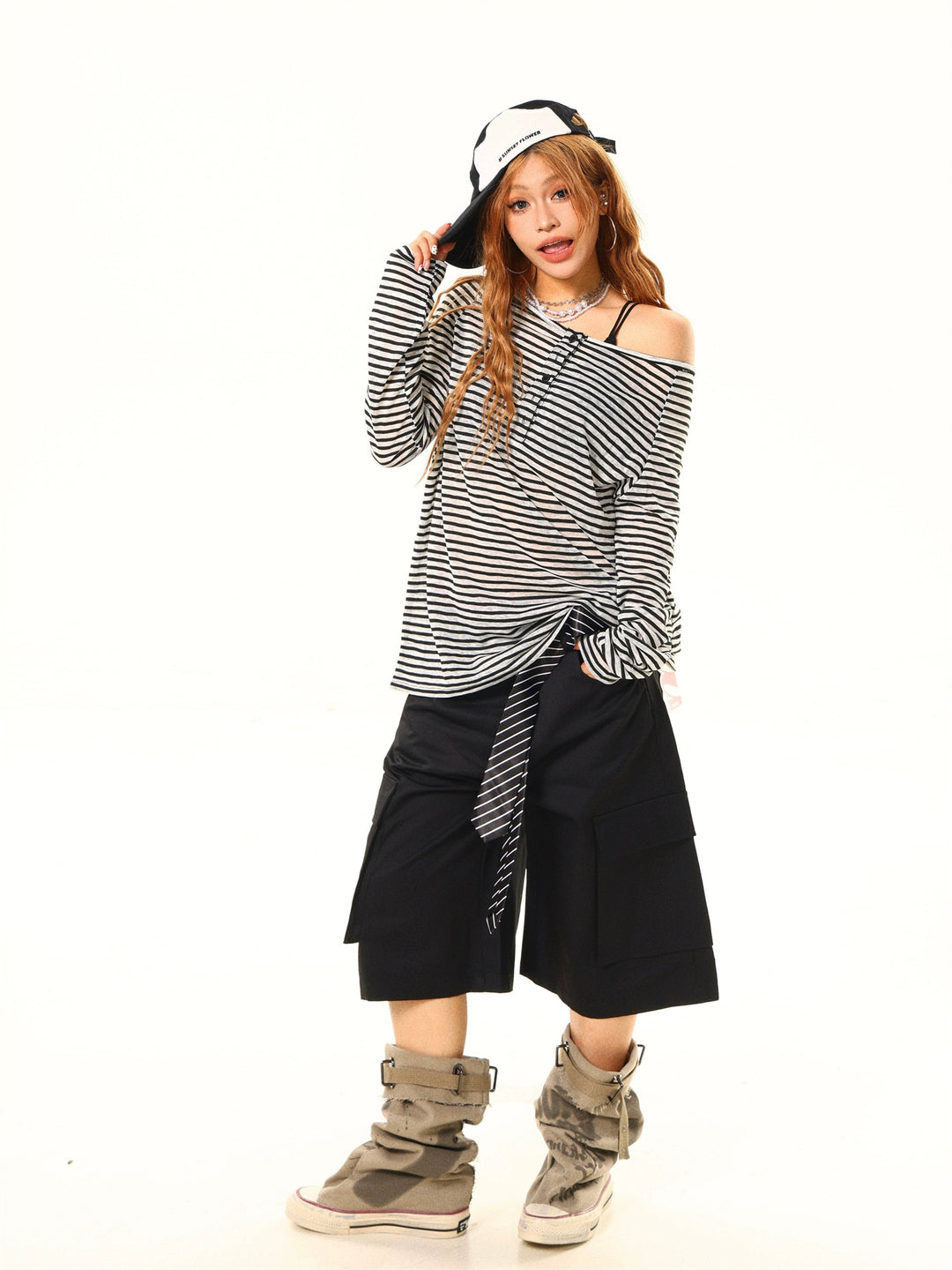 Striped One-Shoulder Long Sleeve Pullover