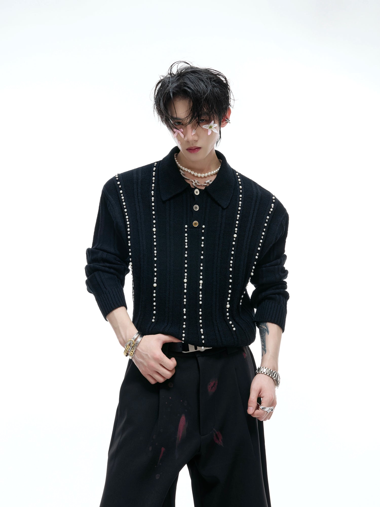 Pearl Embellished Knitted Polo Shirt