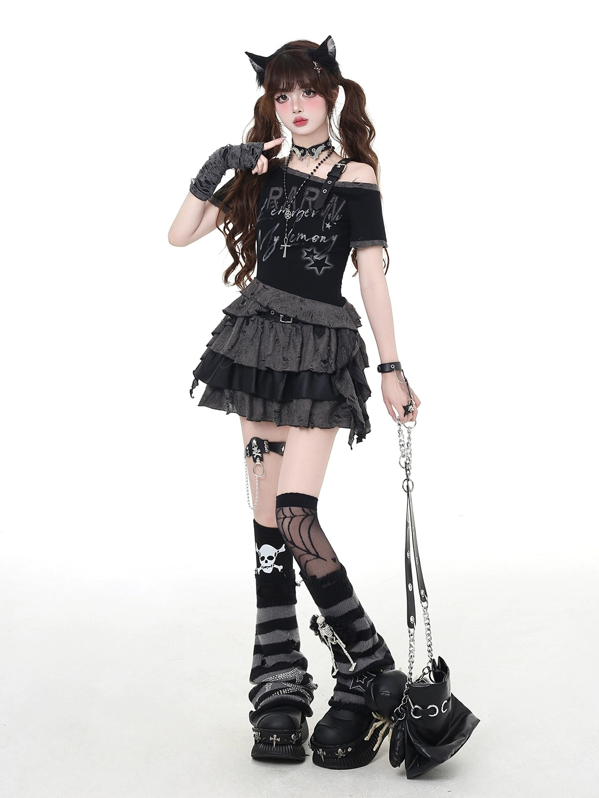 Off-Shoulder Distressed Slim Fit Turtleneck Top