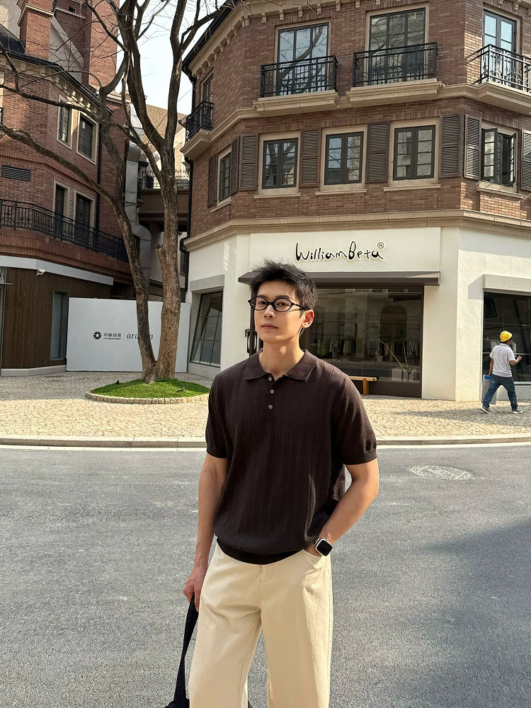 Henley Collar Knitted Short Sleeve Pullover