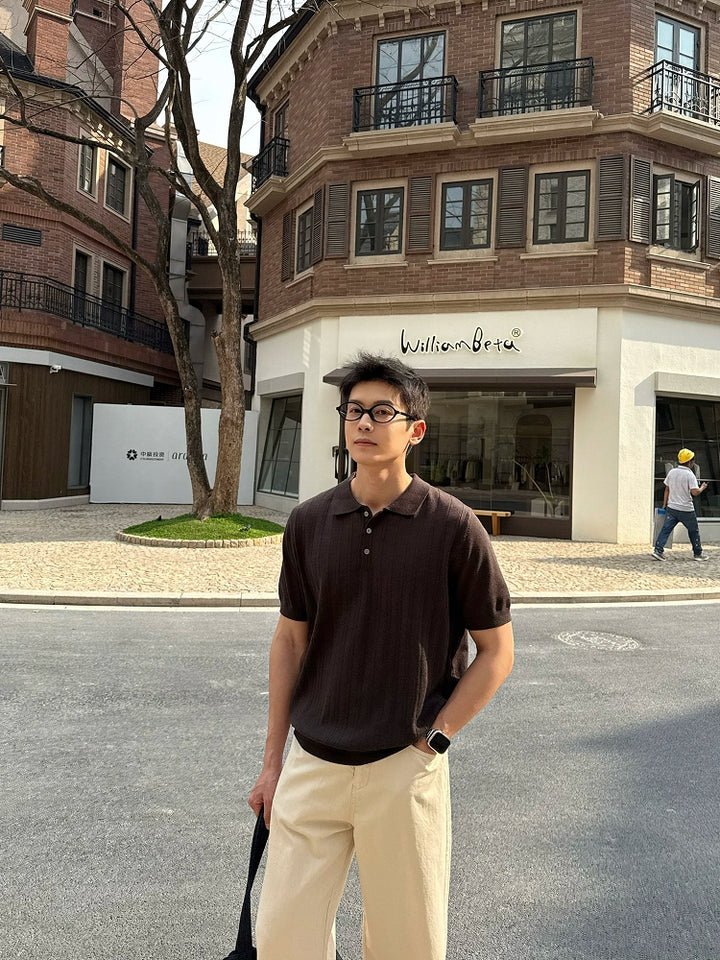 Henley Collar Knitted Short Sleeve Pullover