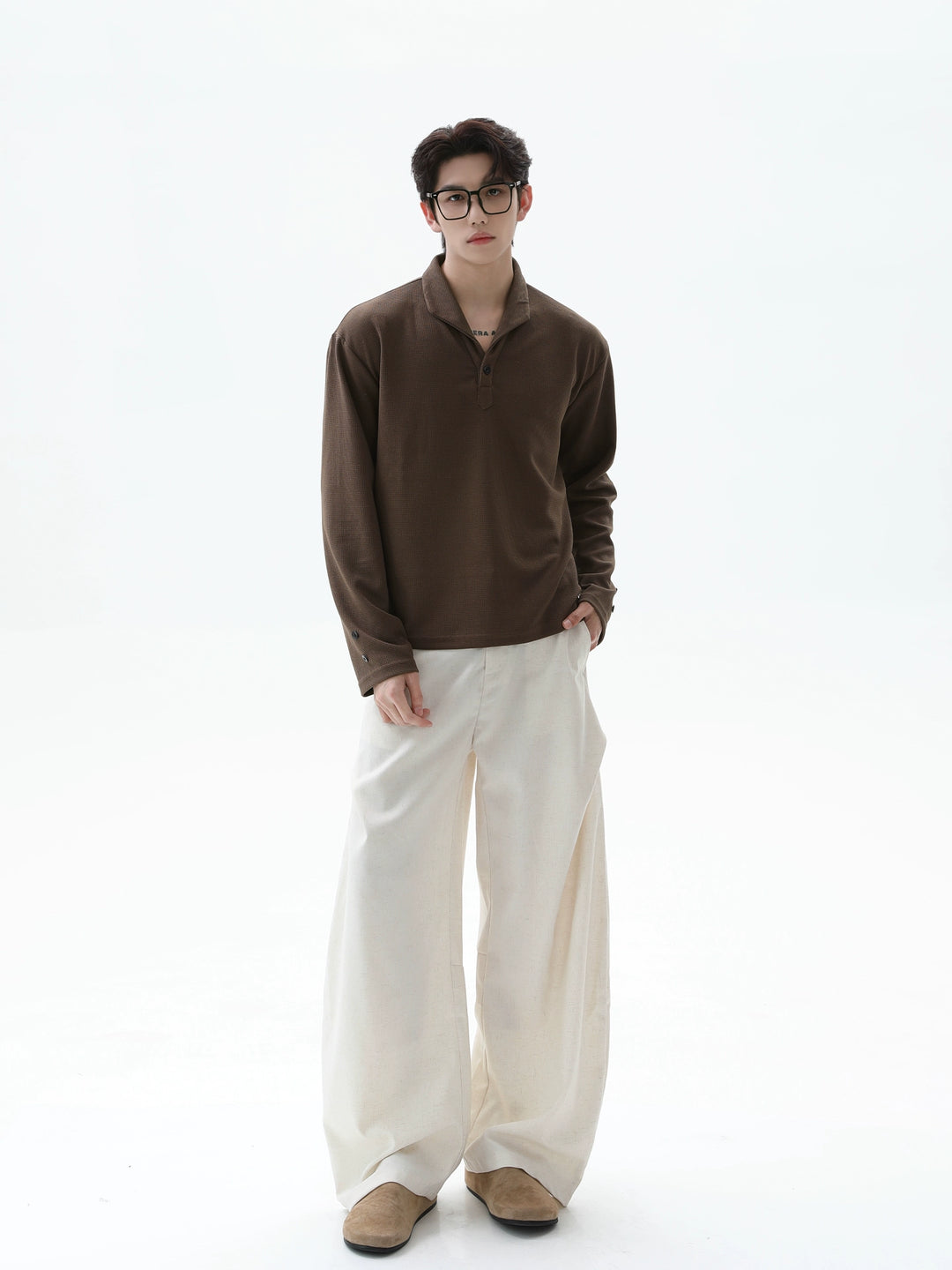 Waffle Texture Long Sleeve Polo Shirt