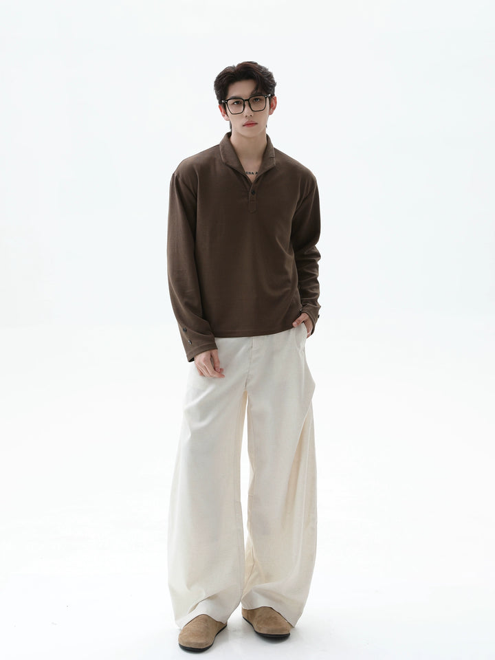 Waffle Texture Long Sleeve Polo Shirt