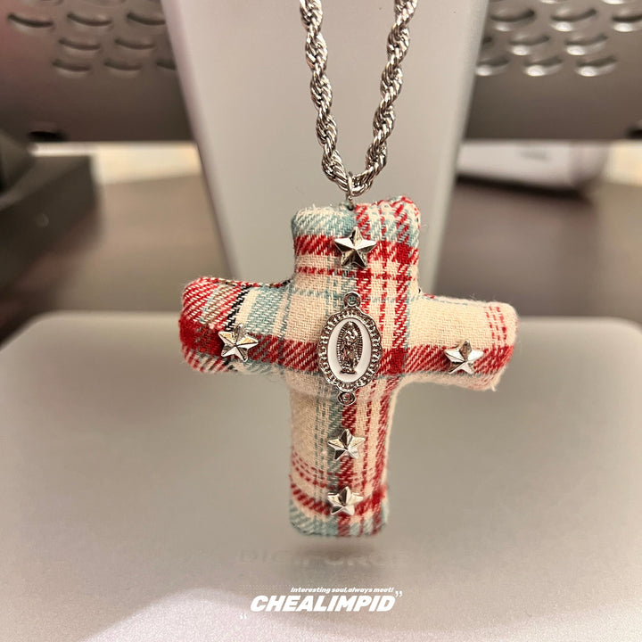 Plaid Cross Pendant Long Chain Necklace