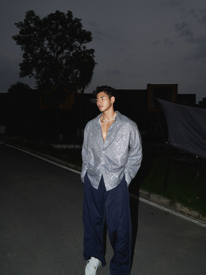 Camisa Button-Up Relaxed Fit com Brilho e Brilho 