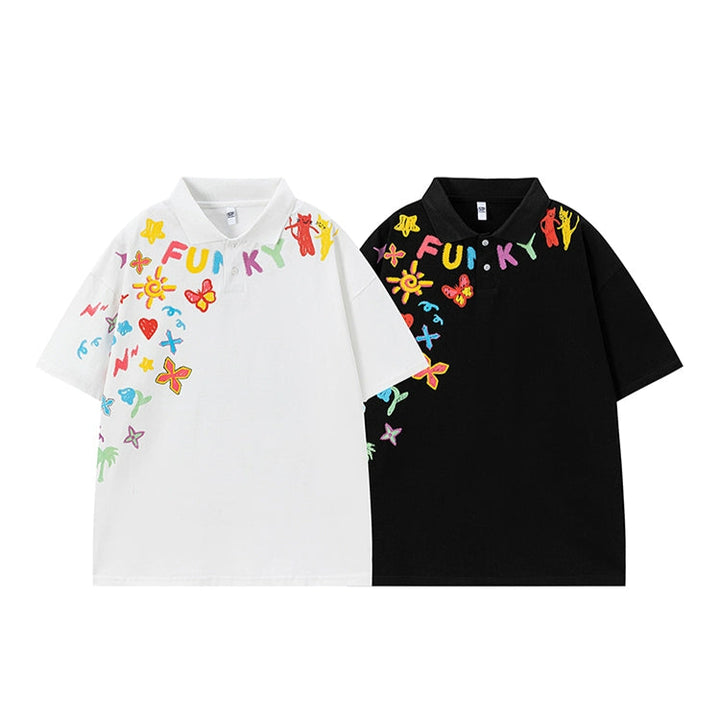 Graffiti Print Løs Fit Polo Shirt 