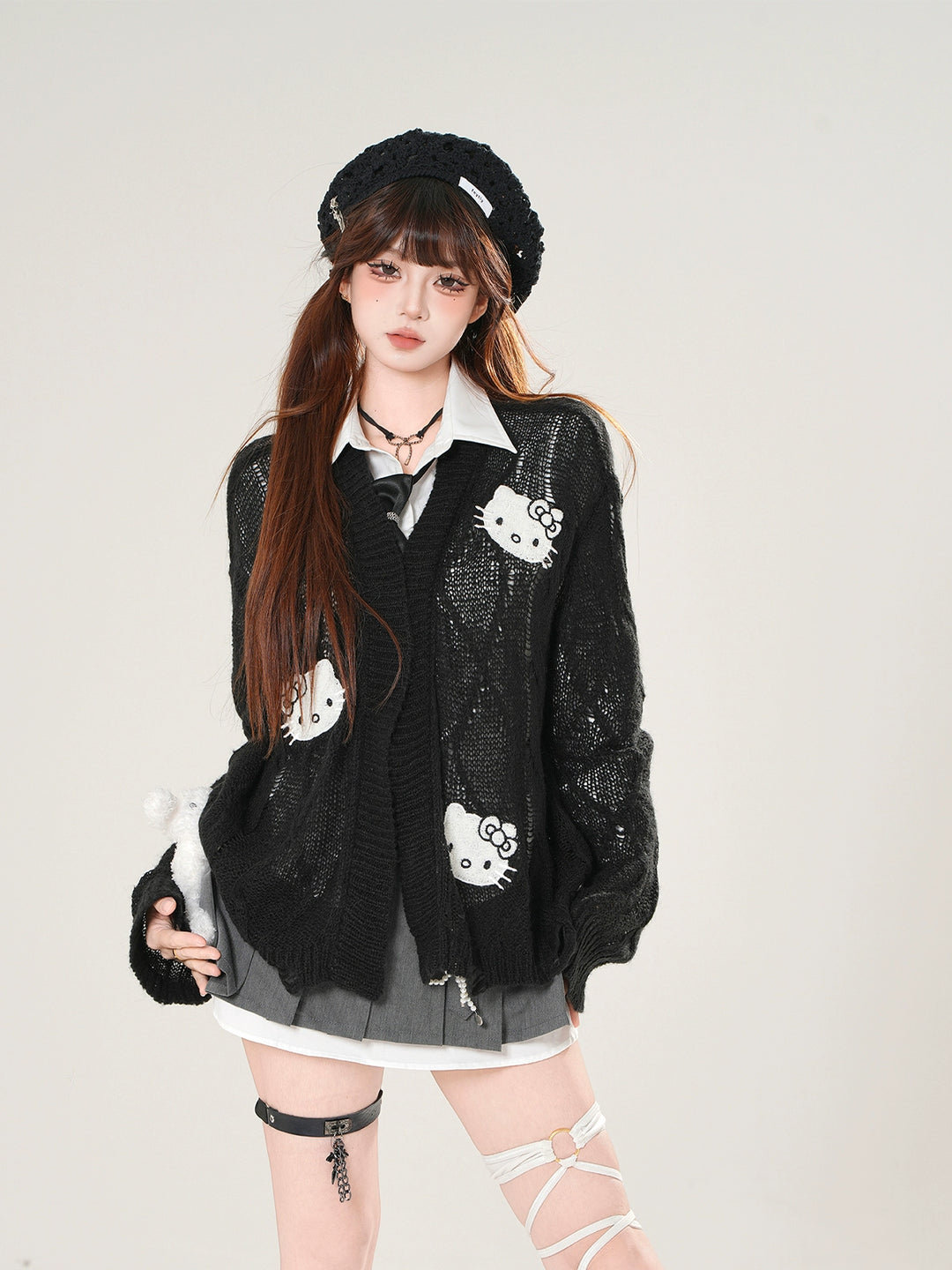 Chaqueta de suéter de punto con parche de gato 