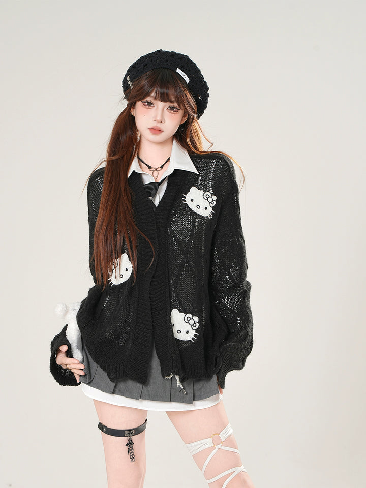 Chaqueta de suéter de punto con parche de gato 