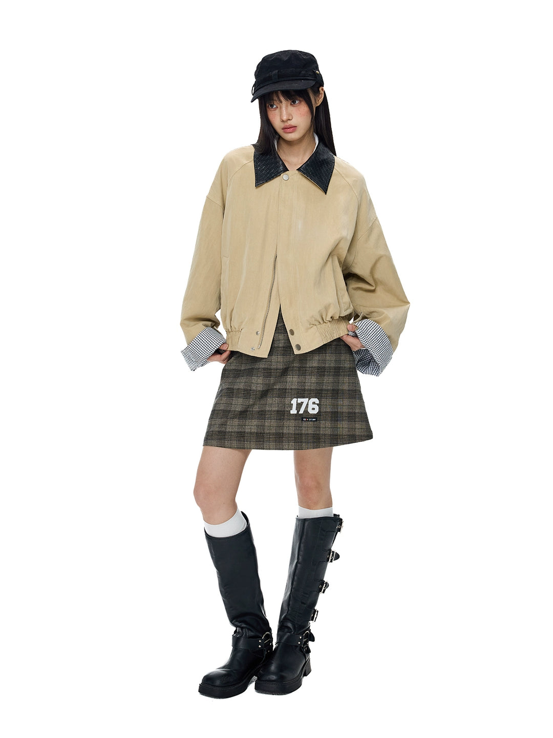 Leather Lapel Plaid Stitching Jacket