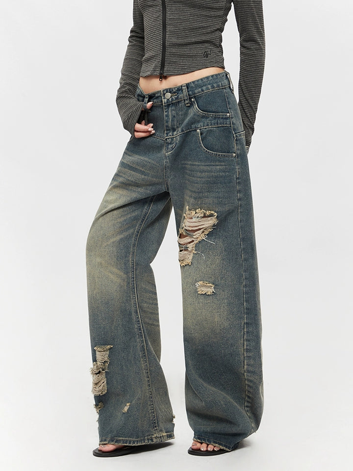 Retro Ripped Loose Straight Jeans