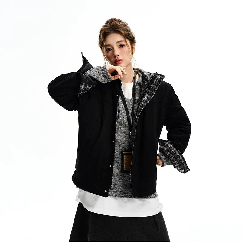 Chaqueta de cuello alto con forro de felpa de patchwork a cuadros 