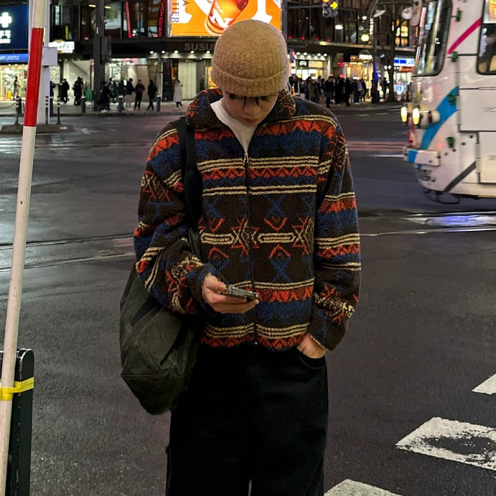 Jaqueta de Zíper de Lã de Cordeiro com Padrão Étnico 