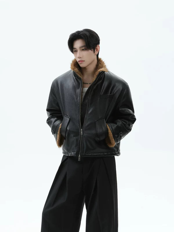 Veste aviateur en cuir avec col en fausse fourrure 