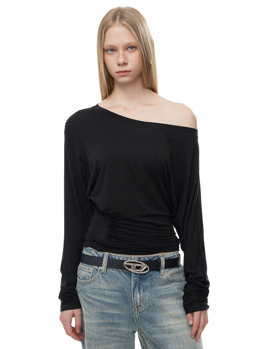 Off Shoulder Long Sleeve Draped Turtleneck