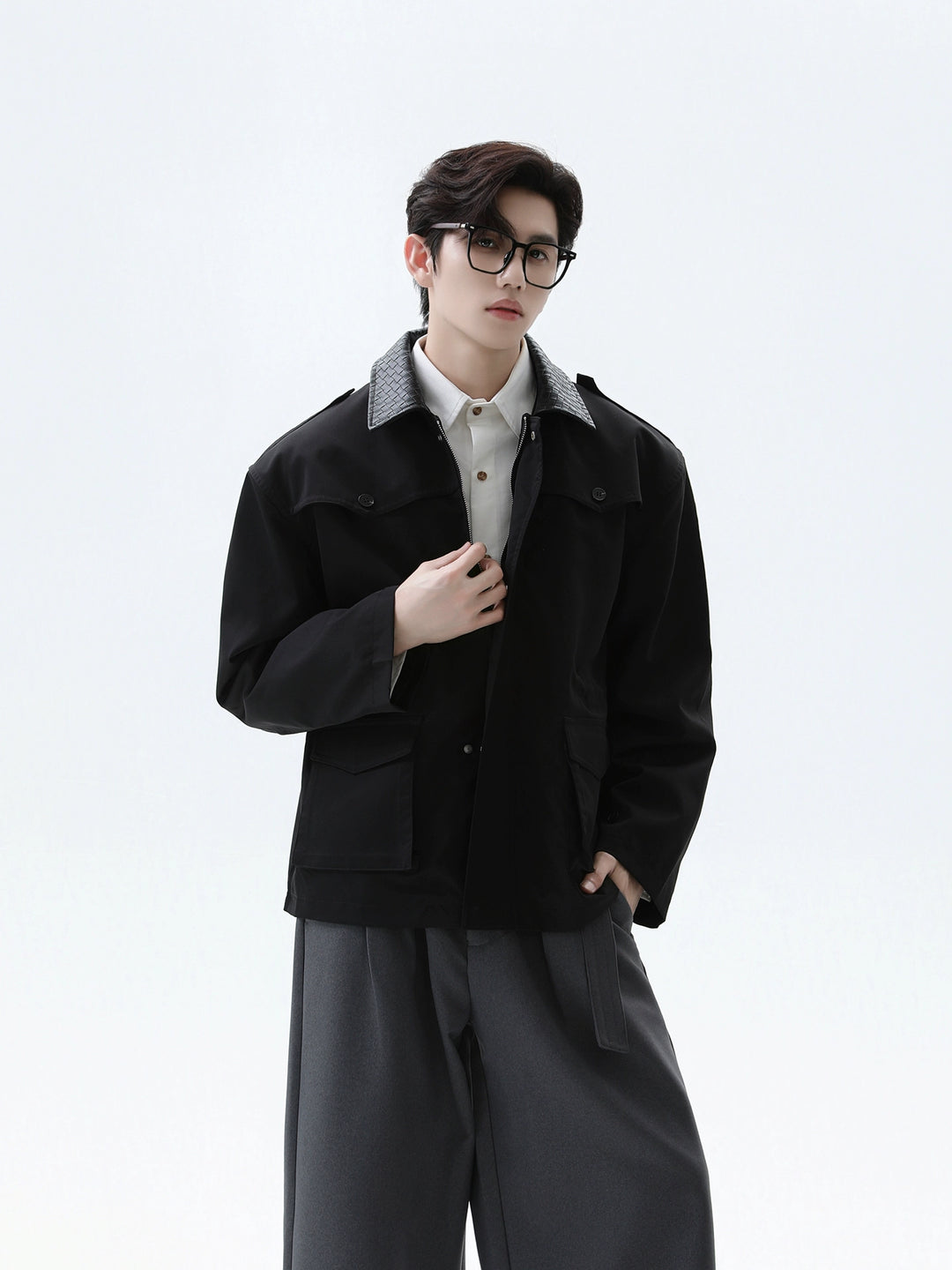 Woven PU Collar Workwear Style Jacket