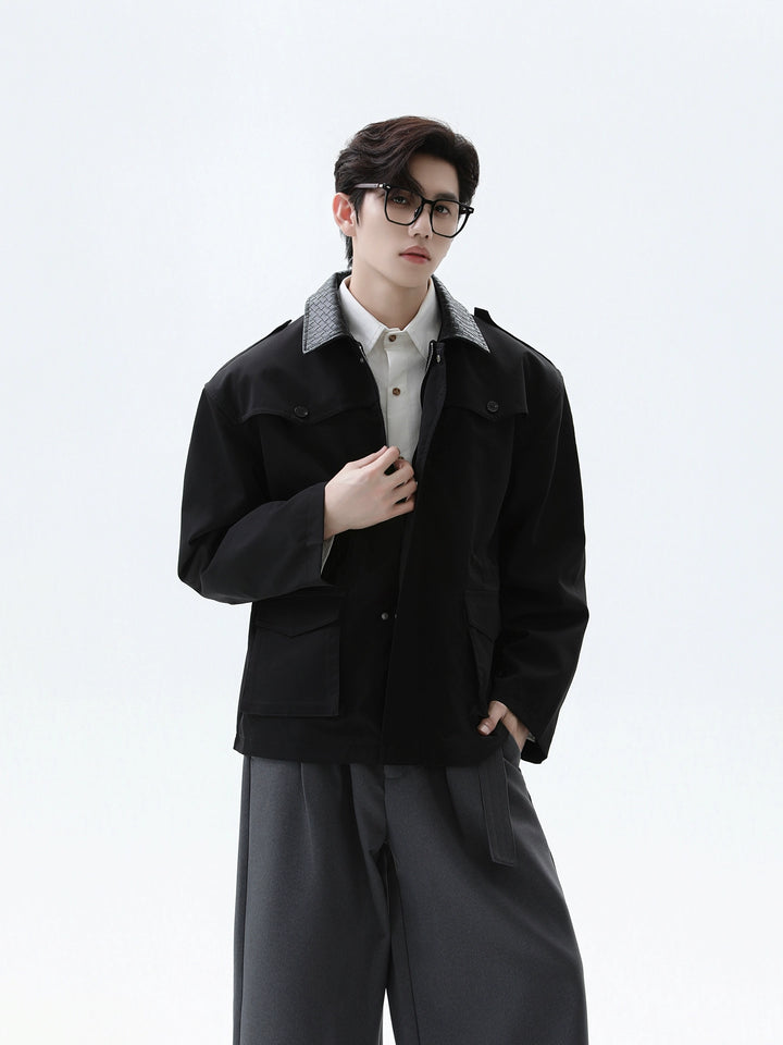 Woven PU Collar Workwear Style Jacket