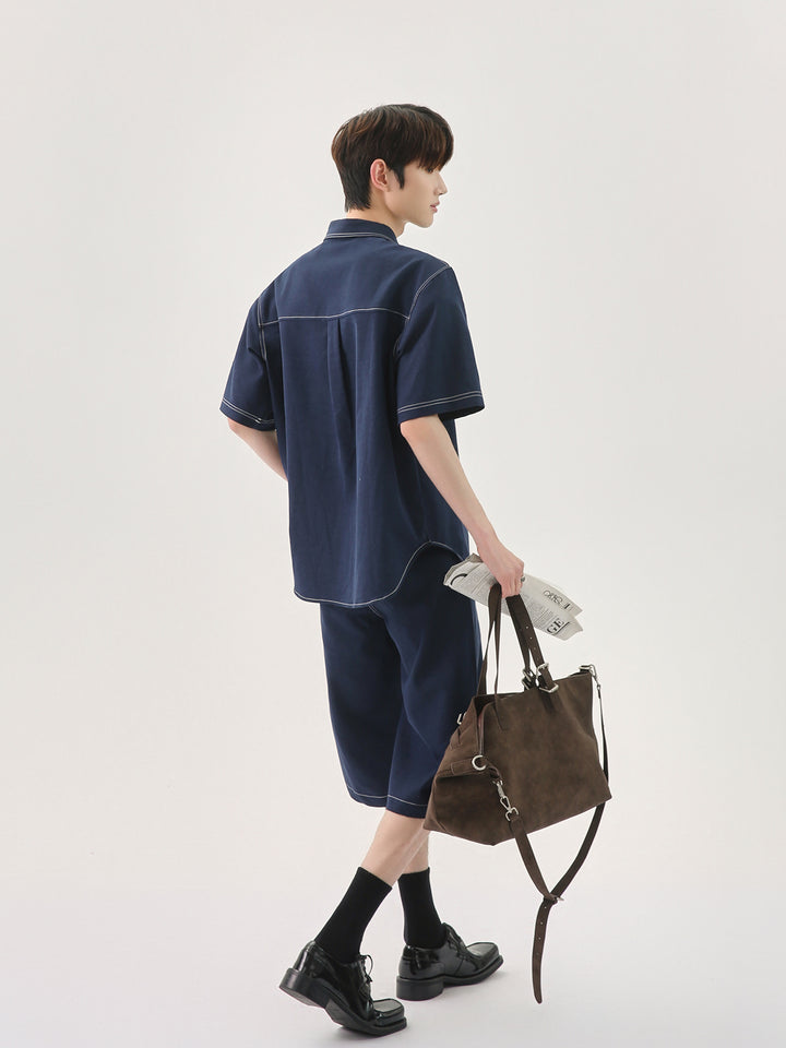 레트로 반팔 셔츠와 바지 세트 