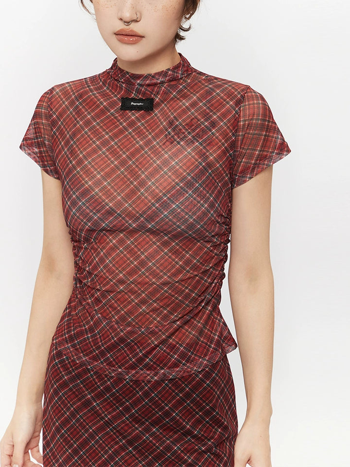 Plaid Mesh Half Turtleneck Short Sleeve Top