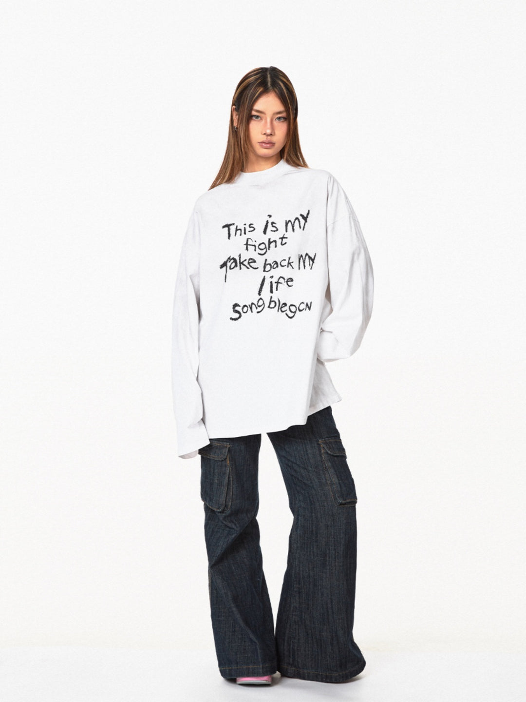 Retro Letter Print Casual Turtleneck Top