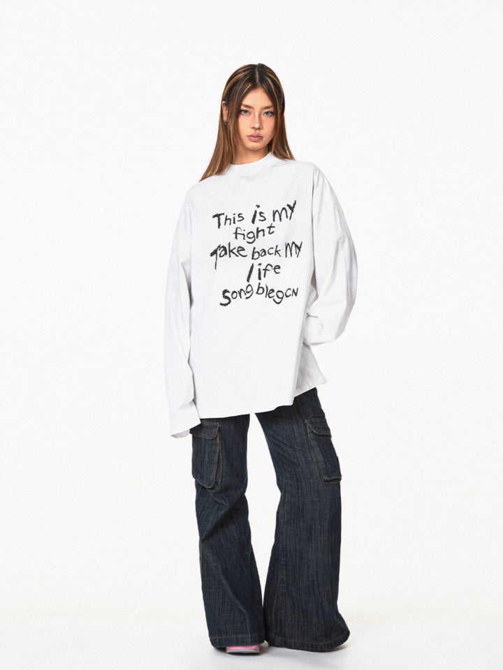 Retro Letter Print Casual Turtleneck Top