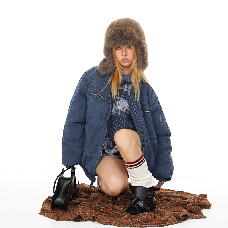 Washed Distressed Zipper Denim Jacket