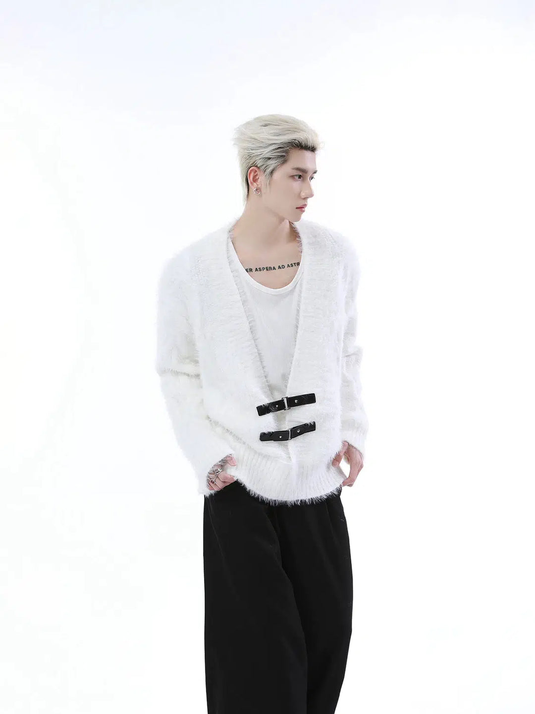 Metal Buckle V-Neck Mink Sweater