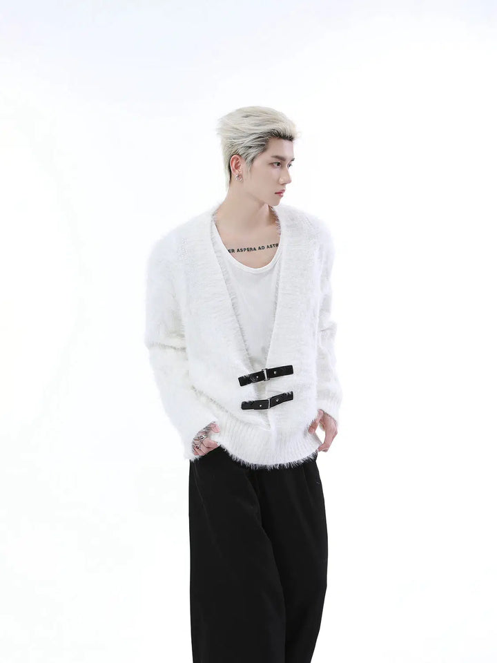Metal Buckle V-Neck Mink Sweater
