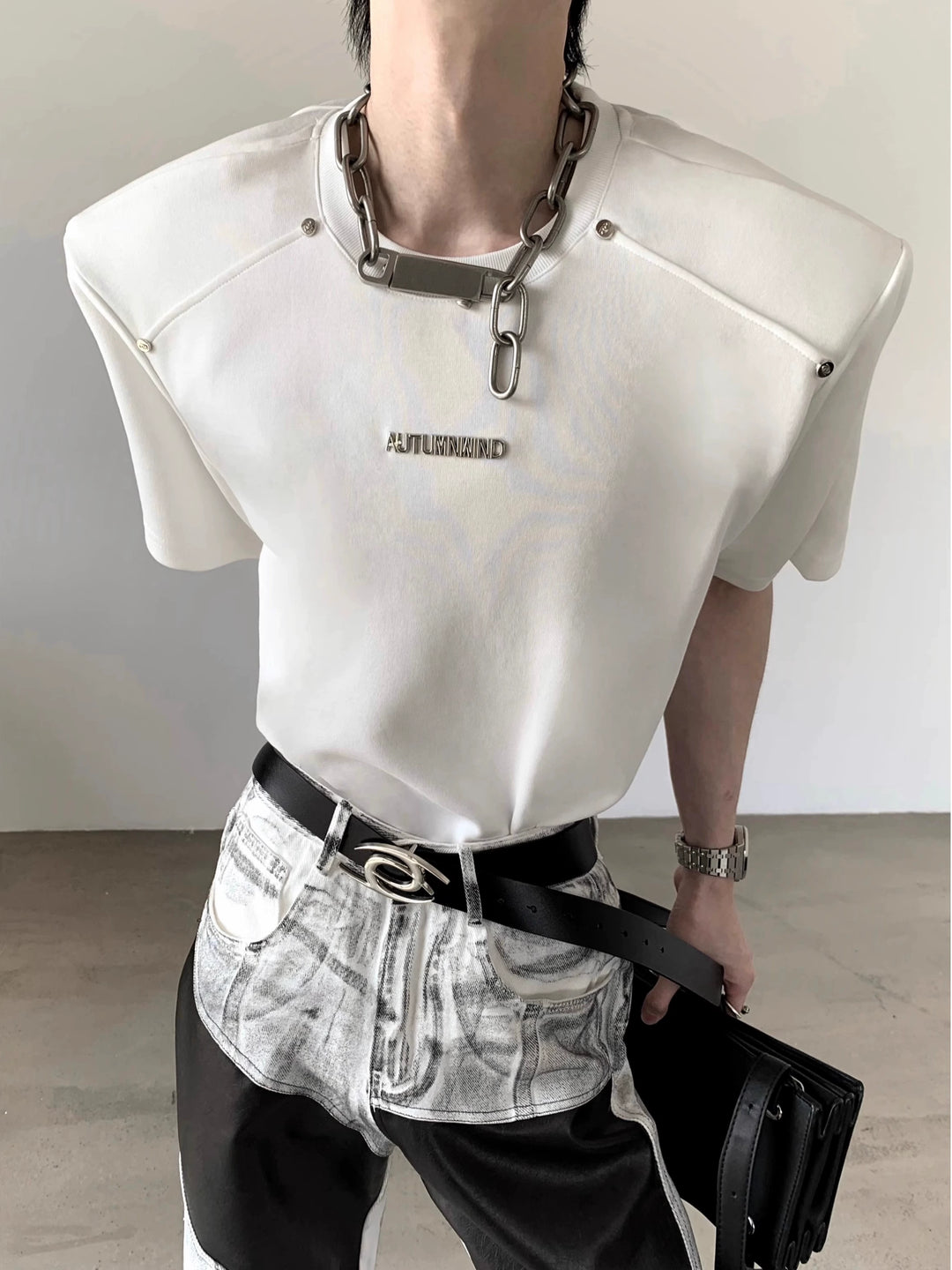 Metal Rivet Shoulder Pad Short Sleeve Pullover