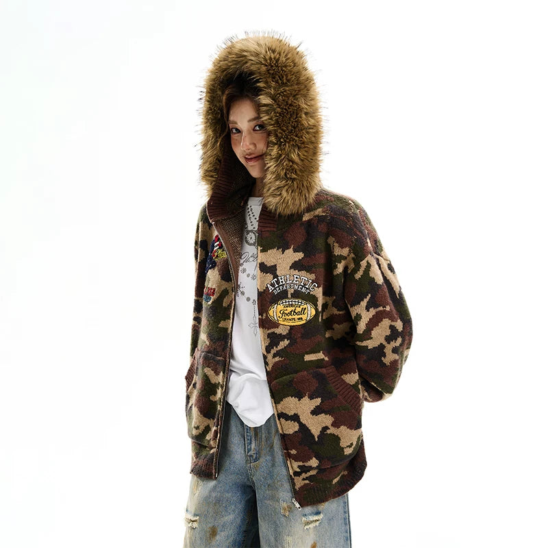 Camouflage Knit Hooded Cardigan