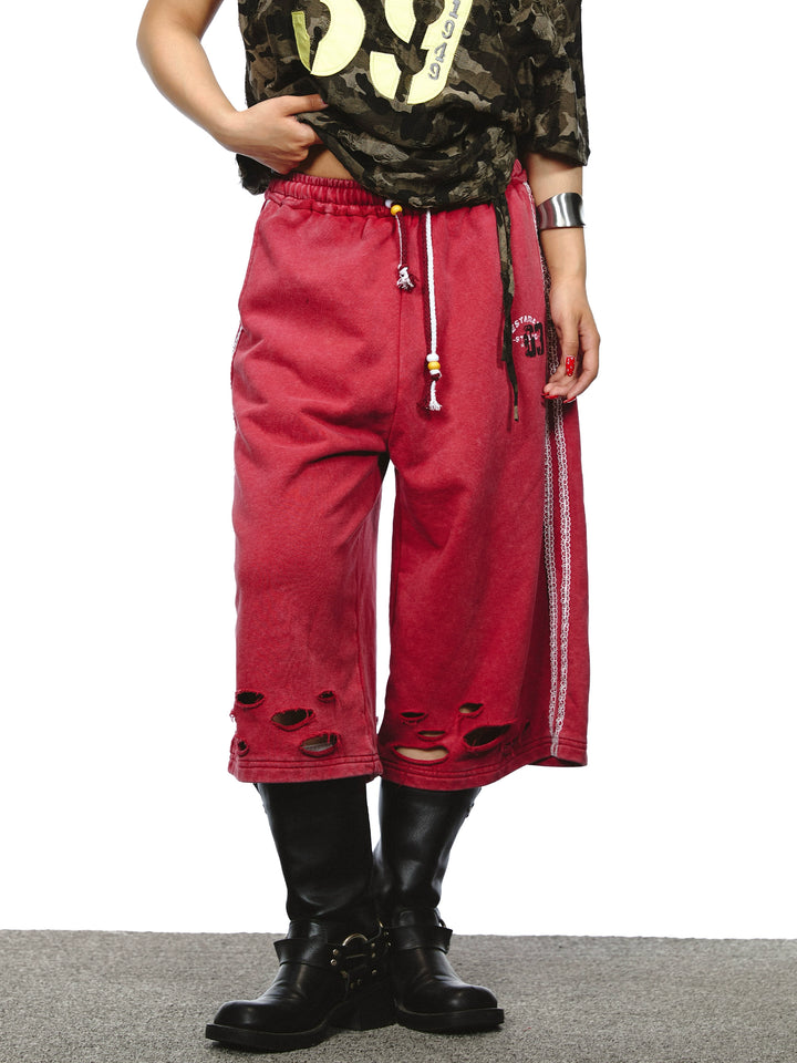 Washed Drawstring Ripped Seven-Point Pants