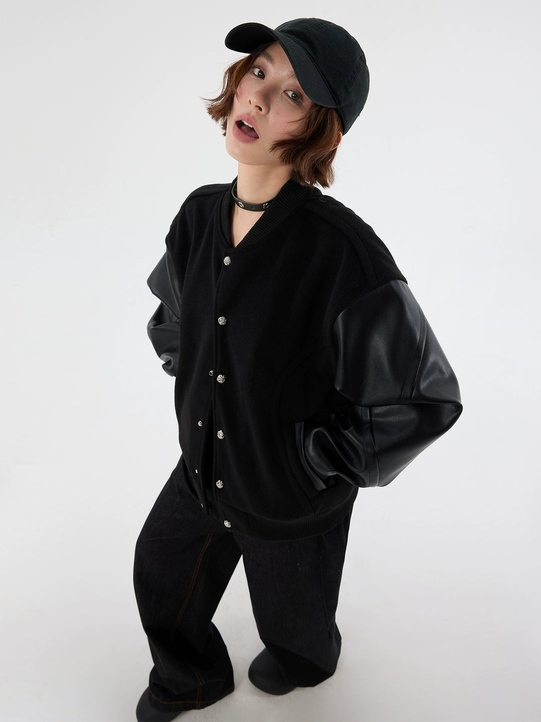 PU Leather Sleeve Baseball Jacket