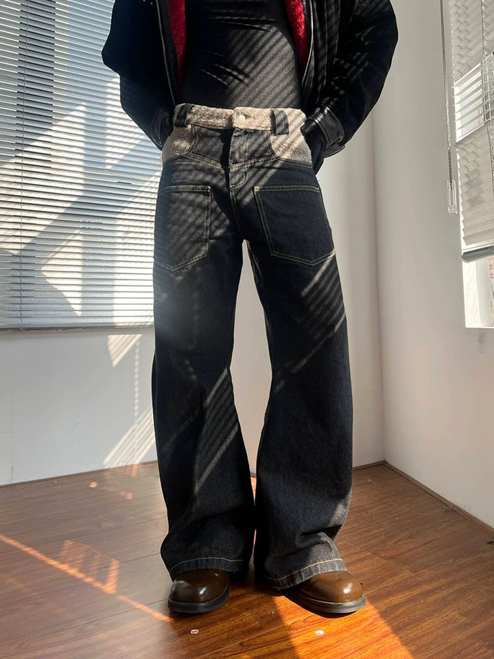 ウォッシュド ステッチング ルーズ ストレート ジーンズ 