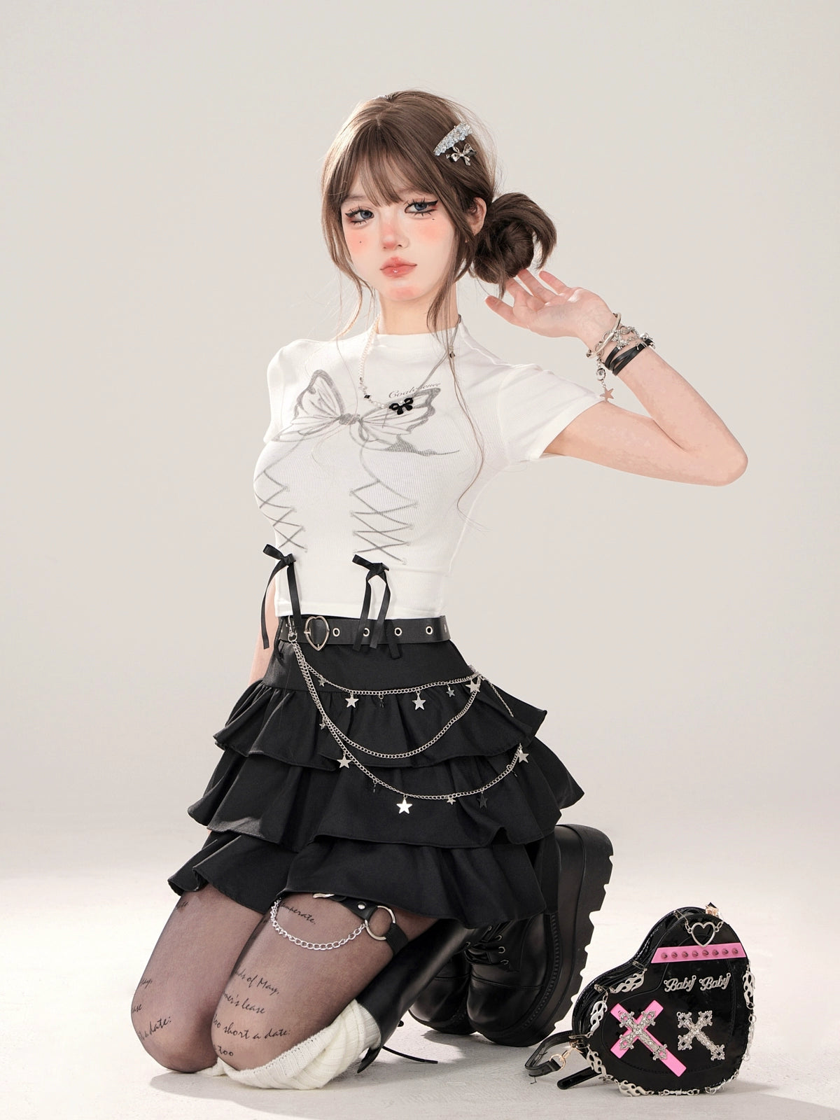 Tiered A-Line Ruffle Miniskirt with Chains