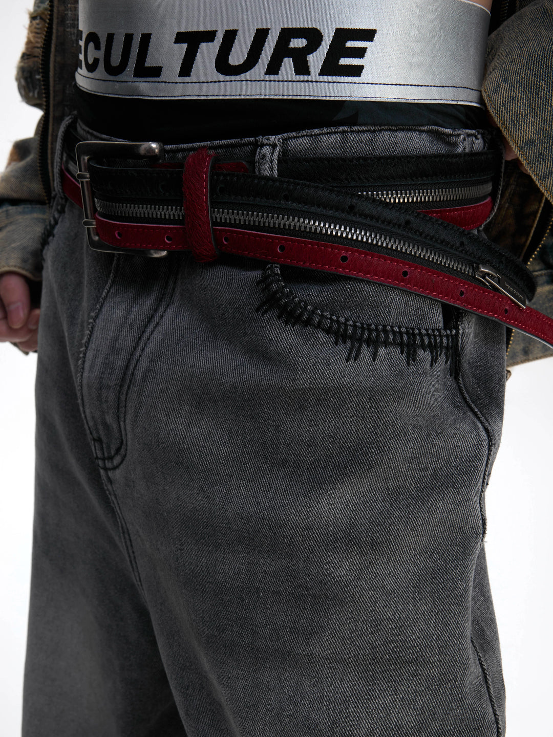 Double Zipper Fur Leather Pants Belt