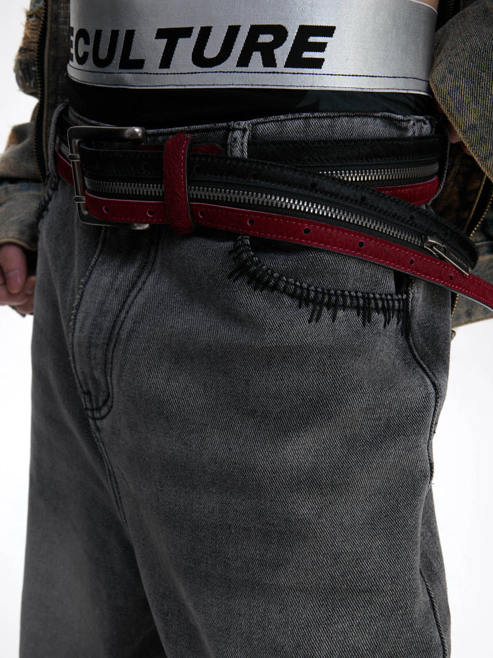 Double Zipper Fur Leather Pants Belt