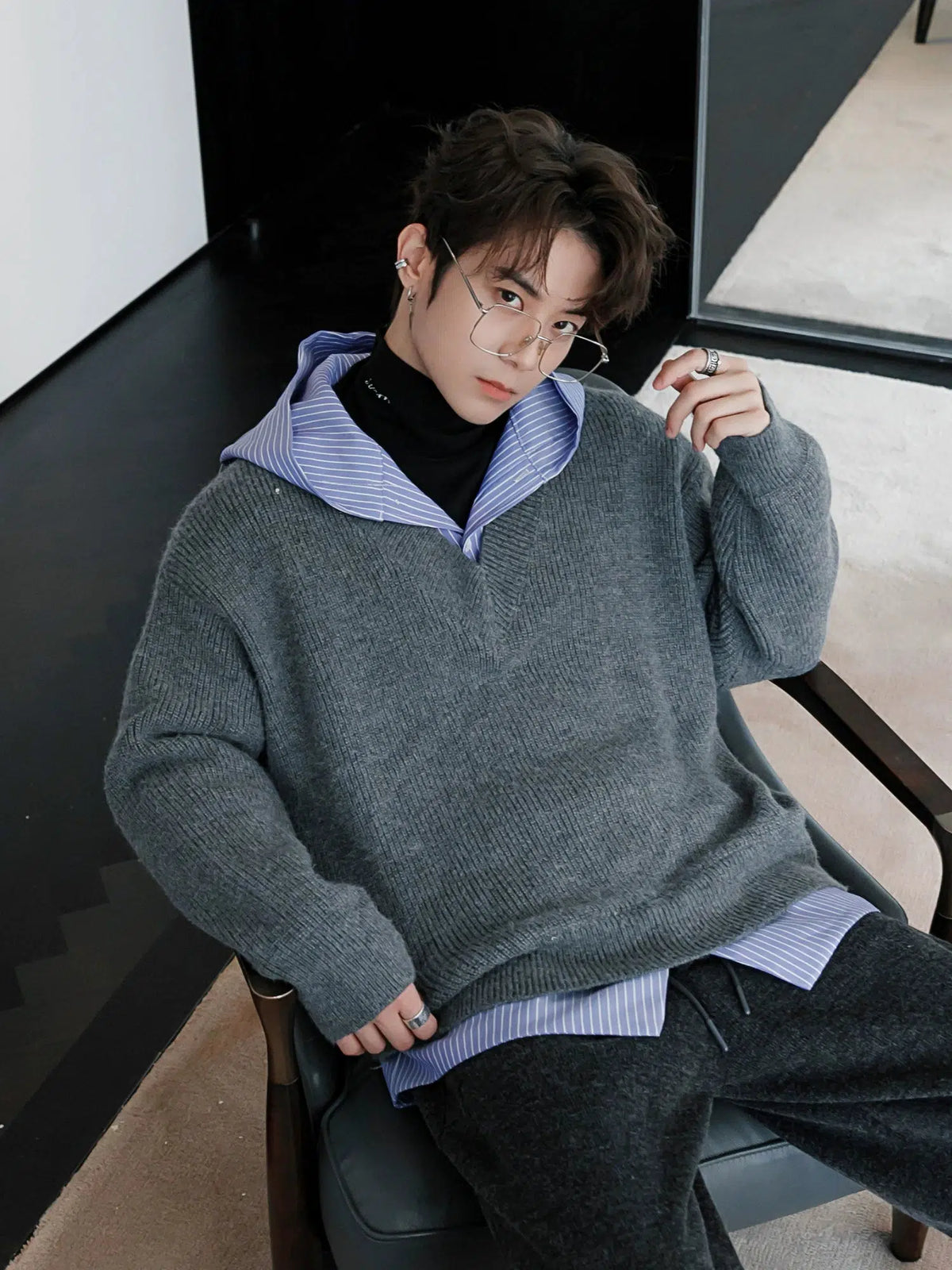 Blue Striped Patchwork Hooded Sweater