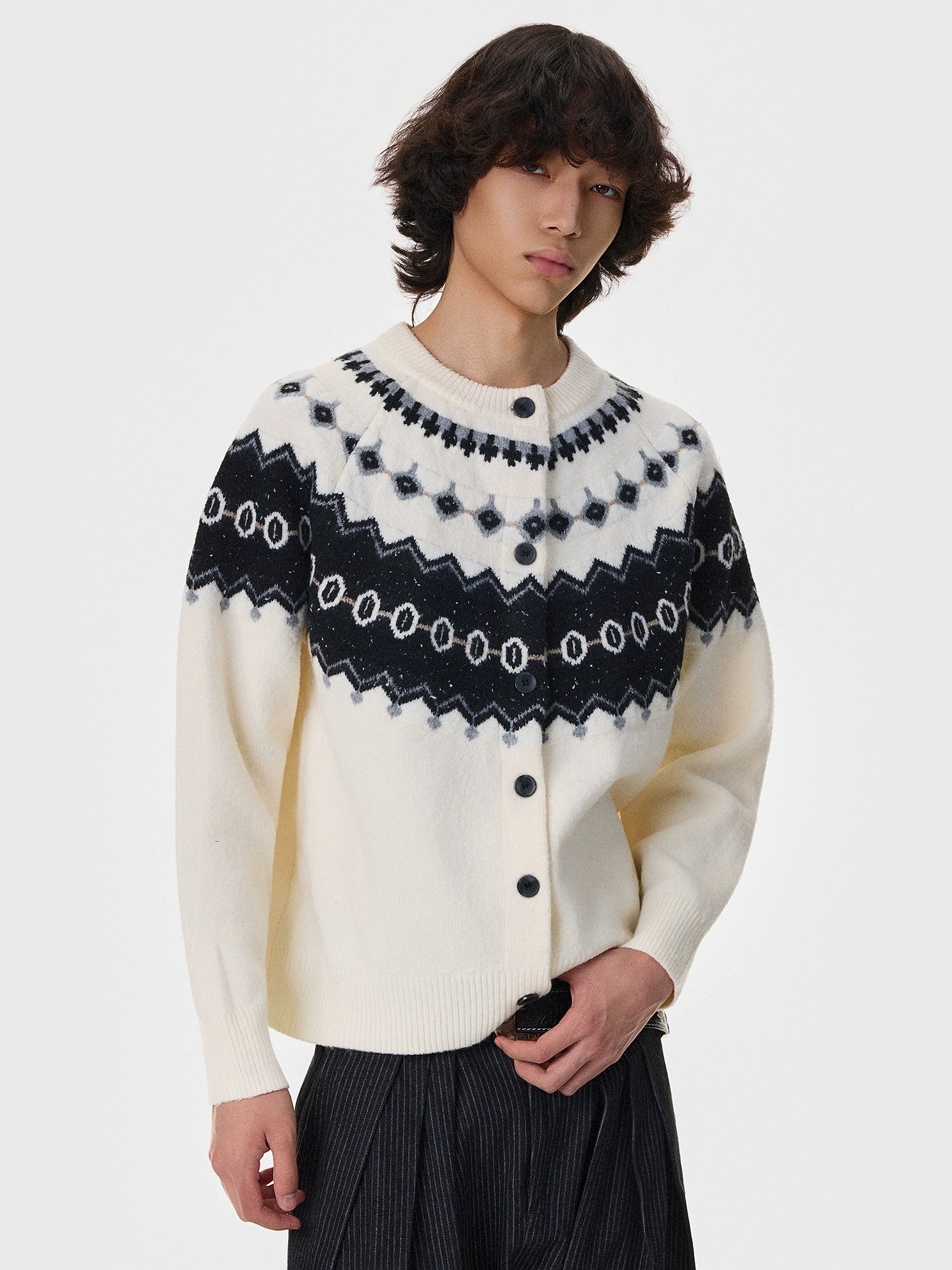 Fair Isle Örgü Düğmeli Hırka Kazak 