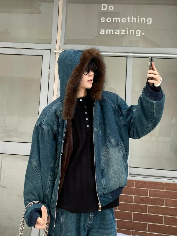 Veste en denim à capuche doublée en fausse fourrure 