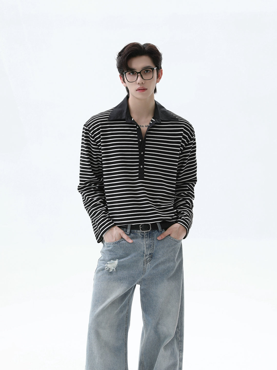 Striped Lapel Long Sleeve Pullover