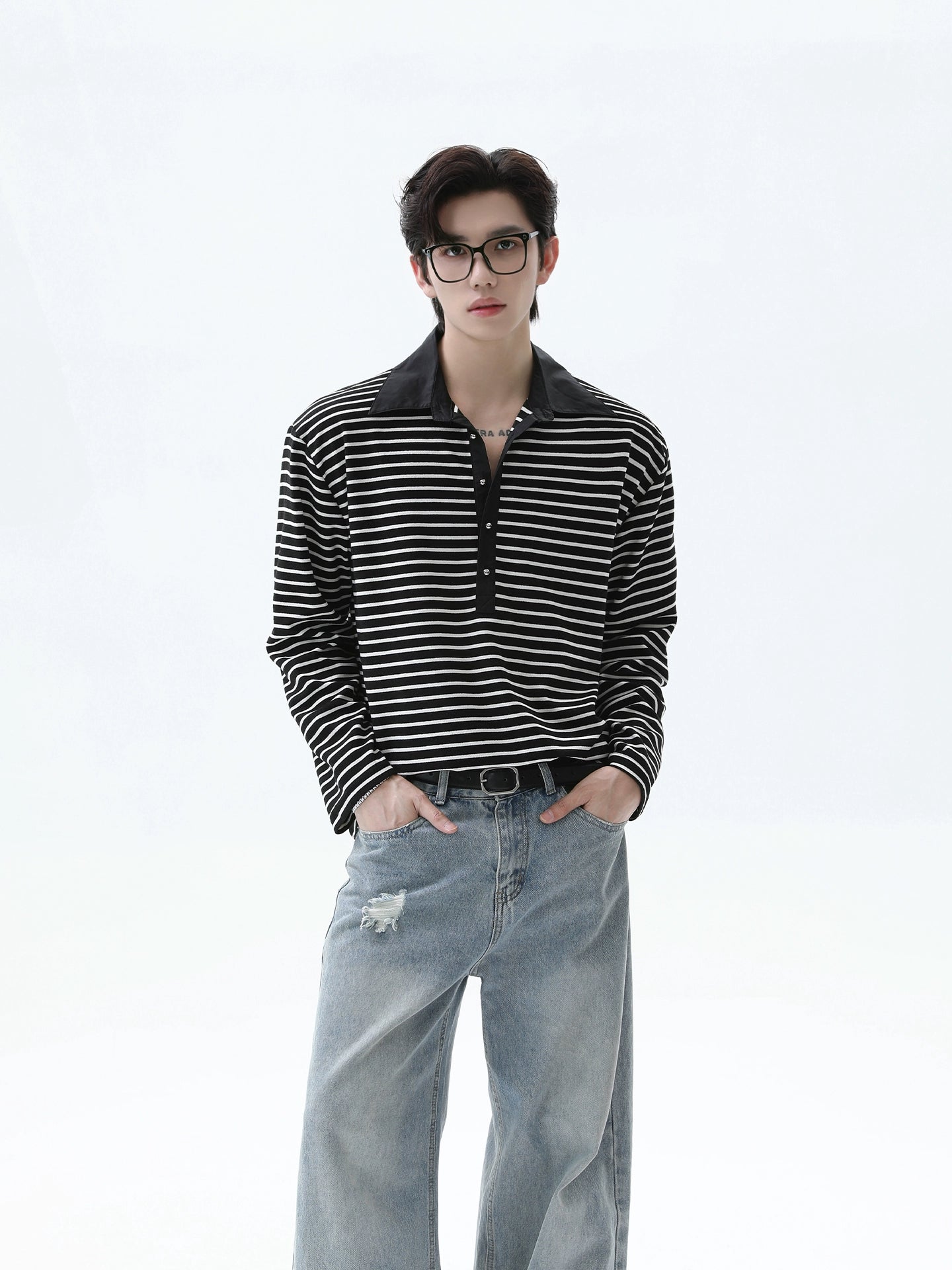 Çizgili Yaka Uzun Kol Kazak Gömlek 