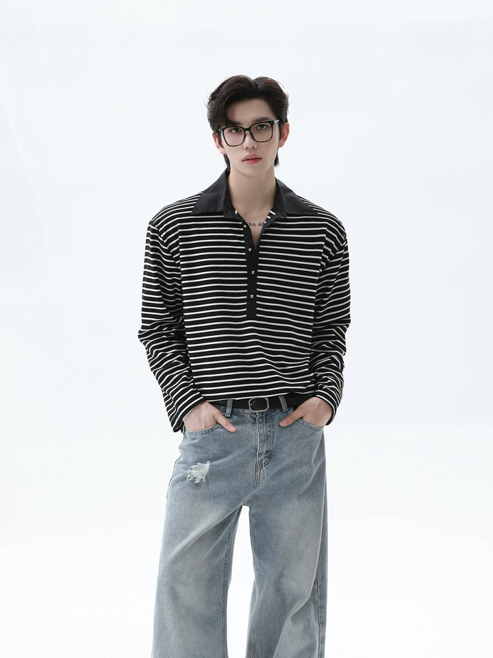 Striped Lapel Long Sleeve Pullover